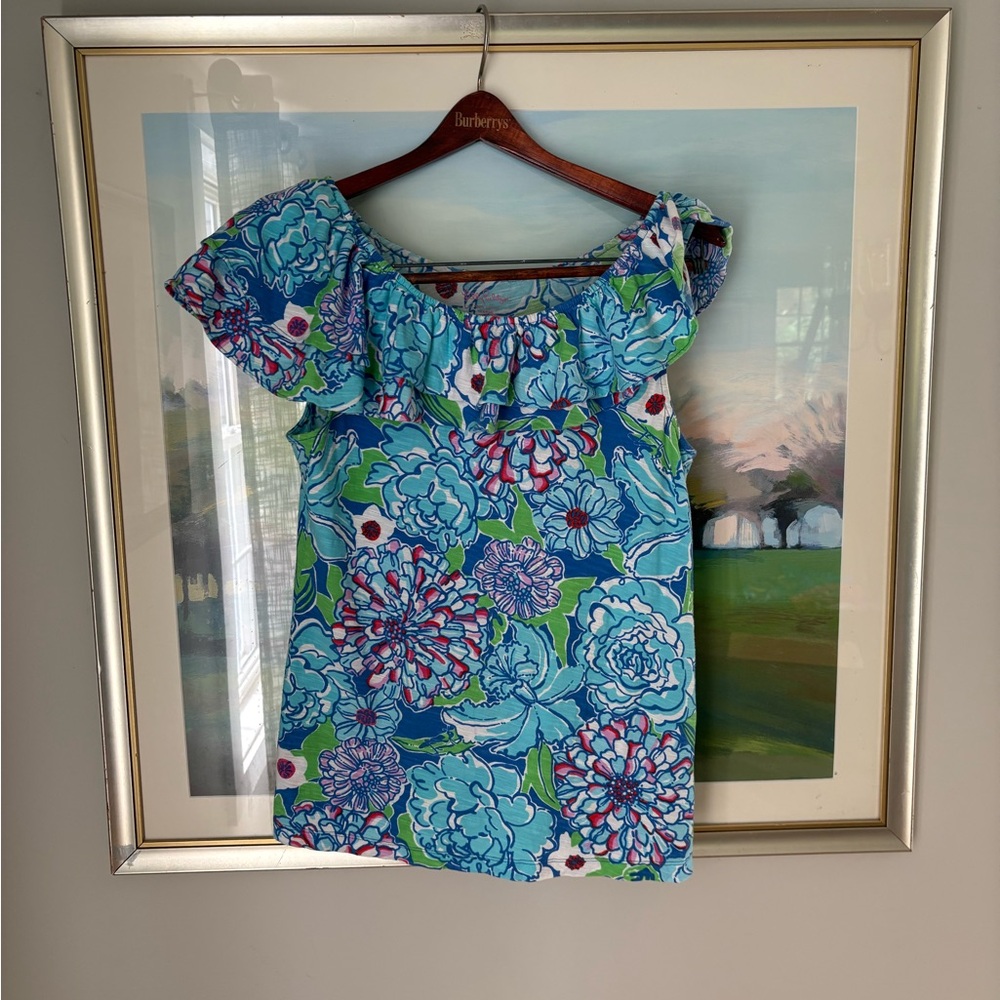 Lilly Pulitzer Blue and Green Floral Cotton Top
